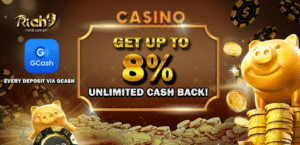 Promosyon ng Rich9 Casino na nag-aalok ng hanggang 8% walang limitasyong cashback sa bawat deposito gamit ang GCash.